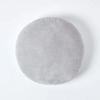 Image of HOMESCAPES Light Grey Round Velvet Cushion Super Soft Cotton Luxury Filled Scatter Thick Plain Silver Accent Throw Pillow for Sofa and Bed Decoration, 40cm (15&quot;) Diameter