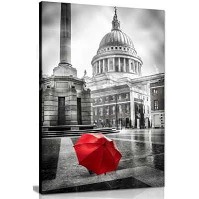 Image of Red Umbrella At St Pauls Cathedral Canvas Wall Art Picture Print (18x12in)