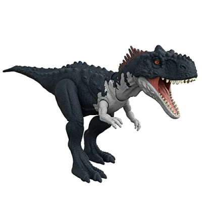 Image of Jurassic World Dominion Roar Strikers Rajasaurus Carnivore Dinosaur Action Sound, Neck Stretch Chomp, Physical &amp; Digital Play, 4 Years Up, HDX45