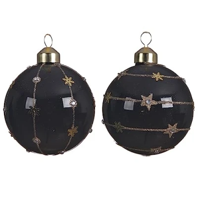 Image of Set of 2 Contemporary BLACK &amp; GOLD Stars Snowflakes Christmas Tree Bauble/Decorations 8cm