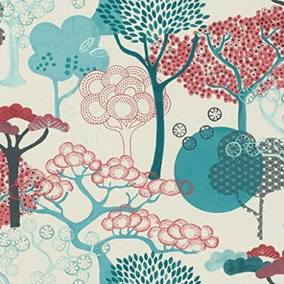Image of Rasch Tapeten 539950 Non Woven Wallpaper with Trees in Red, Petrol and Grey on Cream White Background Light Structure 10.05 m x 53 cm