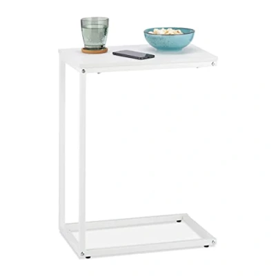 Image of Relaxdays C Shaped Side Table, HWD: 60 x 30 45 cm, Laptop Desk, Metal Frame Living Room Coffee White/Brown