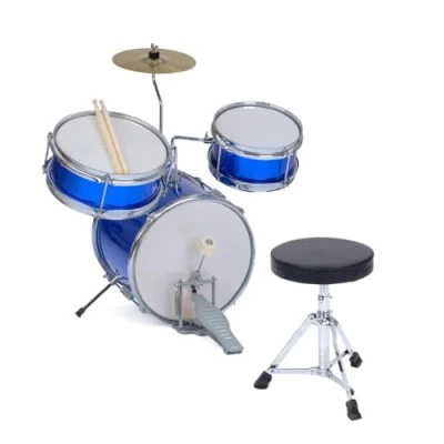Image of Toyrific Academy of Music Kids 3 Piece Drum Kit, Children Beginners Musical Instrument Set with Bass Pedal, Sticks, Cymbal and Seat, Blue