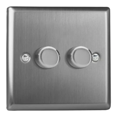 Image of Varilight JTP252 Classic Brushed Steel 2 Gang Way Push On/Off LED Dimmer 0 120W V Pro