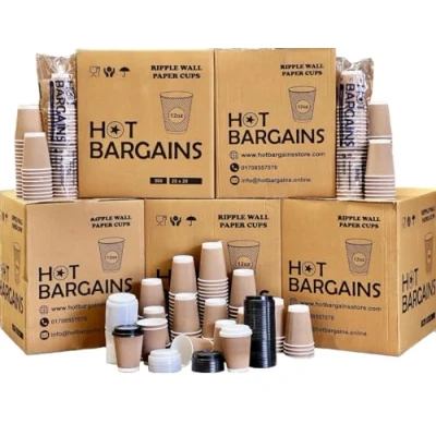 Image of Hot BARGAINS, 500 X 12oz / 360ml Kraft Triple Walled Disposable Paper Ripple Cups Coffee Tea Drink + LIDS Free