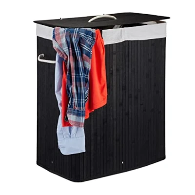 Image of Relaxdays Lidded Bamboo Laundry Hamper, 100 L, Clothes Container, 2 Compartments, Folding, Rectangular Basket, Bathroom, Black