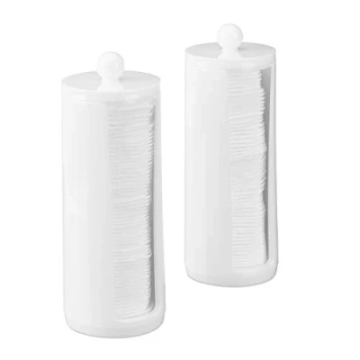 Image of Relaxdays Cotton Pad Storage Tower Set of 2, Acrylic, Round, Lidded Bathroom Dispenser, 20x7 cm, White, 20 x 7 7cm