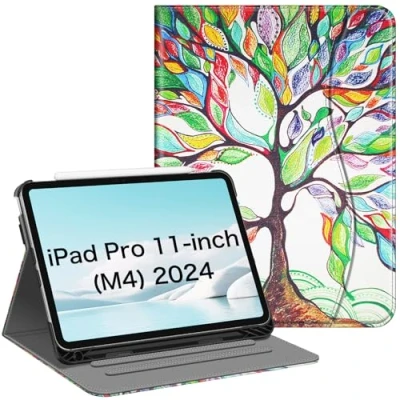 Image of Fintie Folio Case for iPad Pro 11 inch (M4) 2024 (Model Number: A2836/A2837/A3006) Multiple Angles Viewing Smart Stand Protective Cover with Pencil Holder &amp; Pocket, Auto Wake/Sleep, Love Tree