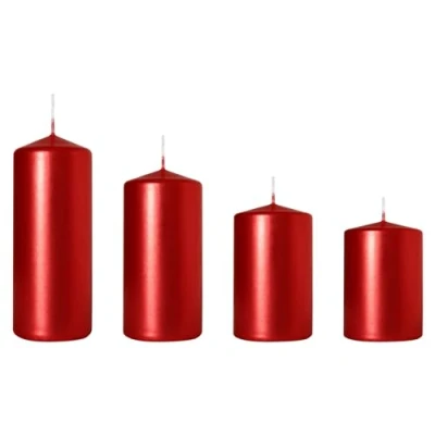 Image of Set of 4 Pillar Candles, Votive Decorative Household Unscented, Natural Vegan Wax, Clean Burn, Long Burning Time Advent Wreath, Christmas, etc. (Red, Metallic)