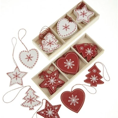 Image of 24 Red and White Wooden Traditional Christmas Tree Decorations in Heart, Star Shapes