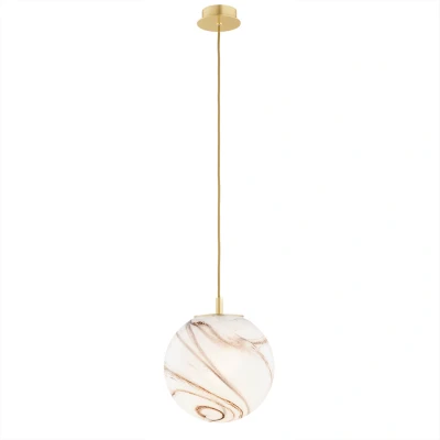 Image of Almiros 25cm Globe Pendant Ceiling Light White Brown (Marble Colour), Brushed Brass, Gold Wire
