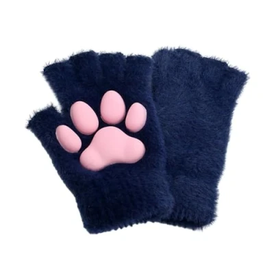 Image of Unisex Cosplay Gloves Cartoon Kitten Shape Plush Halloween Mittens Furry Cuffs For Carnivals Party Color Matching Half Finger Animals