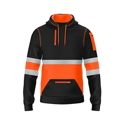 Image of trending babz Mens Hi Viz Visibility Safety Reflective Tape Pullover Fleece Hoodie 3 Zipper Pockets Contrast Sweatshirt Work Wear S 2XL (2XL, Orange Blk)