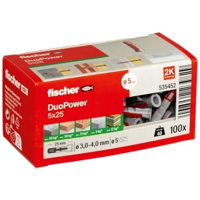 Image of Fischer 535452 DuoPower 5 x 25, Universal Plug with Intelligent 2 Component Technology for fastenings in Concrete, Bricks, Gypsum plasterboard, chipboard, etc., 100 Plugs Without Screws