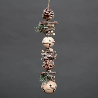 Image of SHATCHI 50cm Garland with Cream Jingle Bells Wooden Sticks, Berries and Pinecones Christmas Home Wall Door Hanger Sleigh Xmas Holiday Hanging Decorations