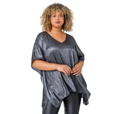 Image of Roman Curve Womens Shimmer V Neck Overlay Top Silver Size 18 UK
