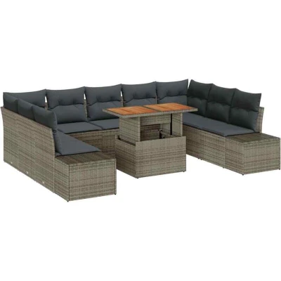 Image of vidaXL 10 Piece Garden Dining Set with Cushions Grey Poly Rattan Acacia