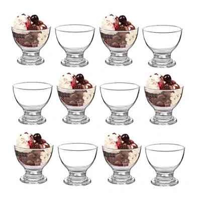 Image of GK Global Kitchen Glass Dessert Bowls Sundae Ice Cream Set of 12 Piece Short Stemmed Prawn Cocktail Glasses Appetiser Fruit Salads Pudding Dishes Footed
