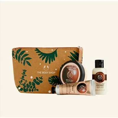 Image of The Body Shop 4 PC Mini Shea Set Hand Cream, Coconut shower Butter Zip Bag TRAVEL GYM