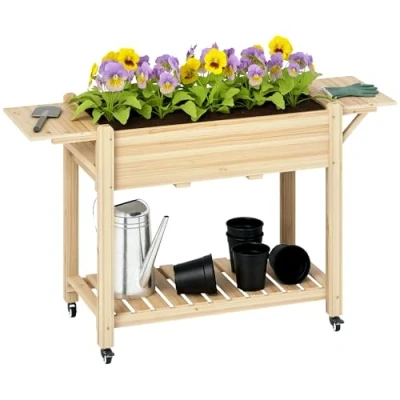 Image of Outsunny Raised Garden Bed, Wooden Elevated Planter Box with Lockable Wheels, Side Tables and Bottom Shelf, Outdoor Liner Drainage Holes for Vegetables, Flowers, Fruits, Natural