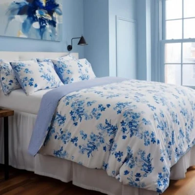 Image of LERUUM Single Duver Cover Cotton Blue Cosy Bedding Reversible Floral Striped Pattern Luxury Quilt Bed Set (Blue Single)