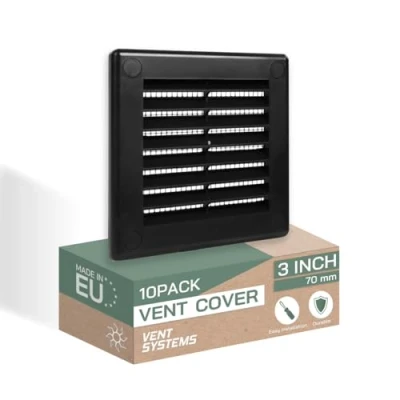 Image of Vent Systems 100 x mm / 4&#039;&#039; Inch Black Soffit Cover Pack of 10 Flat Square Air Louver Grille Built in Insect Screen HVAC Vents for Bathroom, Home Office, Kitchen