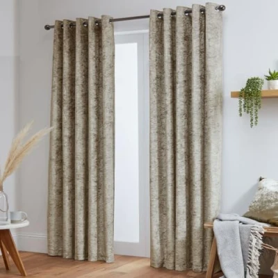 Image of John Aird Crushed Velvet Fully Lined Eyelet Curtains (Cream, 66&quot; Wide x 54&quot; Drop)