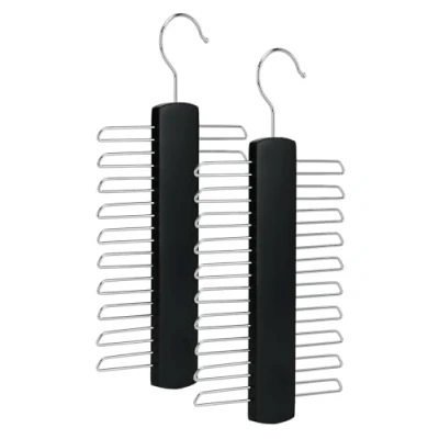 Image of Tie Hanger Wooden Hangers Wardrobe Organiser Stylish Hanging Storage Rack With 20 Chrome Bars Swivel Hook for Tie, Belt, Scarf Beech Wood (Pack of 2 Black)