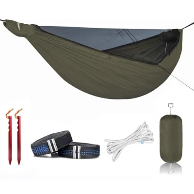 Image of Onewind 11Ft Camping Hammock with Mosquito Net and Structure Ridgeline, Lightweight Portable Double 12ft Tree Straps, Ideal for Camping, Hiking, Backpacking, OD Green