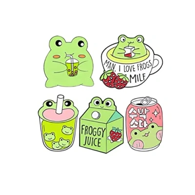 Image of 5Pcs Cartoon Strawberry Frog Enamel Pin Froggy Pins Cute Juice Can Milk Tea Brooch Metal Badge Brooches Lapel Badges Animal Decorative Medal Jewelry Accessories Gift