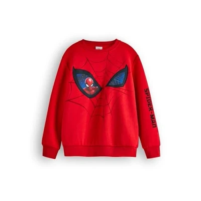 Image of Marvel Spiderman Boys Sweatshirt Kids Superhero Graphic Crewneck Jumper in Red Spider Man Web &amp; Eyes Sweater Film Movie Apparel Comic Book Character Art Merchandise Gift