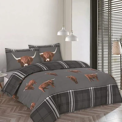 Image of Tartan Check Highland Cow Grey Single Duvet Cover Set Reversible PolyCotton Bedding (GREY, SINGLE)