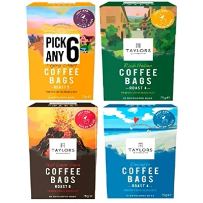 Image of Taylors Coffee Bags (Each Pack 10 Bags). Pick Any 6 from 4 Flavours Inc. Rich Italian, Hot Lava Java, Decaffe and Flying Start. (Total 60 Bags)