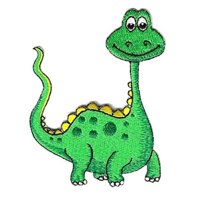 Image of MarBello Dinosaur motif appliqué patch in multi coloured embroidered on polyester fabric for ironing or sewing on.