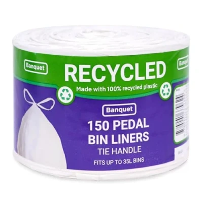 Image of 150 x Pedal Bin Liners Tie Handle White 100% Recycled Plastic Strong &amp; Reliable for Kitchen Everyday Commercial Use Capacity 35 Litre