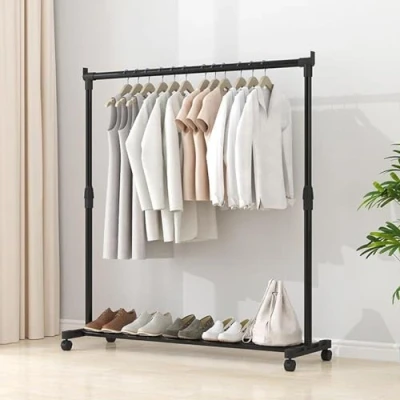 Image of PASSI Telescopic Metal Clothing Rack On Wheels, Adjustable Mobile Rack, Heavy Duty Closet Garment Hanger, Clothes Rails,