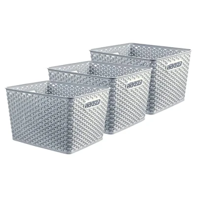 Image of Curver My Style Rattan Effect Set of 3 Kitchen, Living room, Bathroom, Bedroom, Utility Large Rectangular Storage Baskets 18L Blue