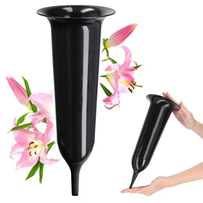 Image of KADAX Spiked Grave Vase, Plastic Memorial Weatherproof Flower Holder for Cemetery, Graveside Ornament Artificial Flowers (34.5 cm, Black)