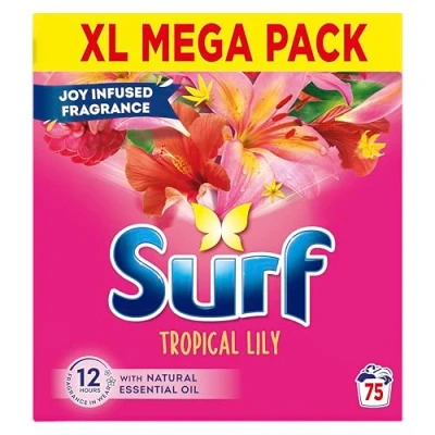 Image of Surf Tropical Lily Washing Powder joy infused fragrance with natural essential oil lasting up to 12 hours in wear for brilliantly clean laundry every time 75 washes 3.75 kg