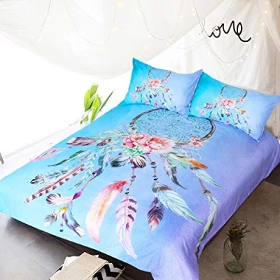 Image of BlessLiving Big Dreamcatcher Aqua Bedding, 3 Piece Dream Catcher Duvet Cover Set, Boho Doona Hippie Bedspread Coverlet(Single)