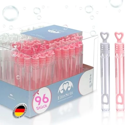 Image of EinsSein 96x Wedding Bubbles heart tube box white pink soap bubble favours guests kids tubes wands favors party weddings baptism mini bottle glasses cake diamond 48 60 50 96 pack