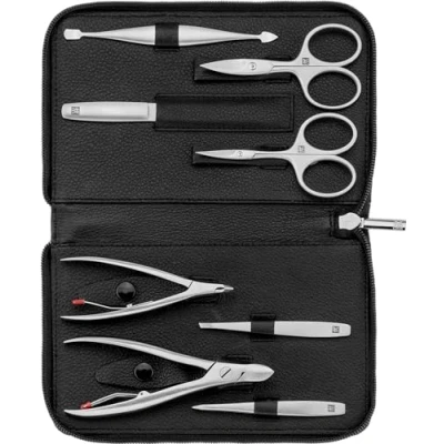 Image of ZWILLING 8 Piece Manicure Set Complete Nail Care Pedicure Genuine Leather Zip Case Premium Black