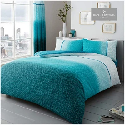 Image of Gaveno Cavailia Double Duvet Set Urban Ombre Teal, Modern Geometric Bedding, 3 Piece Cotton Blend Dot Reversible Bedlinen, Easy Care DuvetCover Bedset, 1 Quilt Cover + 2 Pillow Cases