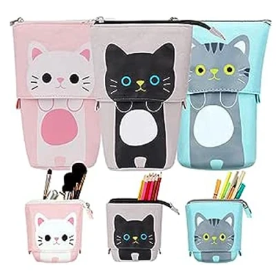 Image of RoadLoo Stand Pencil Holder,3 Pieces Standing Case Cartoon up &amp; Pen Telescopic Cute Cat Durable Canvas Makeup Bag for Kids Students Girls Boys Gifts (grey)