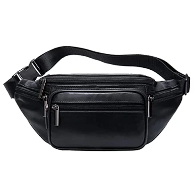 Image of Hebetag Leather Fanny Pack Waist Bag for Men Women Travel Hiking Running Hip Bum Belt Slim Cell Phone Purse Wallet Pouch Black