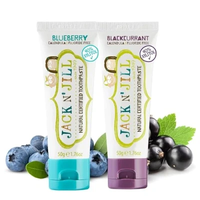 Image of Jack N&#039; Jill Natural Certified Toothpaste Baby &amp; Toddler Toothpaste, Fluoride Free, 40% Xylitol, Sugar Safe for 6 Months and Up, Makes Brushing Fun, Blackcurrant Blueberry Flavours, 2 x 50g