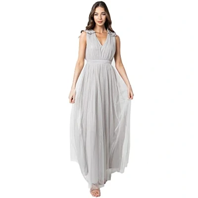 Image of Maya Deluxe Women&#039;s Ladies Maxi Dress with Ruffle V Neck Sleeveless High Empire Waist Long for Prom Guest Wedding Bridesmaid, Soft Grey, 10