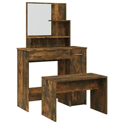 Image of vidaXL Smoked Oak Dressing Table Set with Stool and Mirror, Modern Bedroom Furniture in Brown Engineered Wood, Ample Storage Space, Versatile Placement