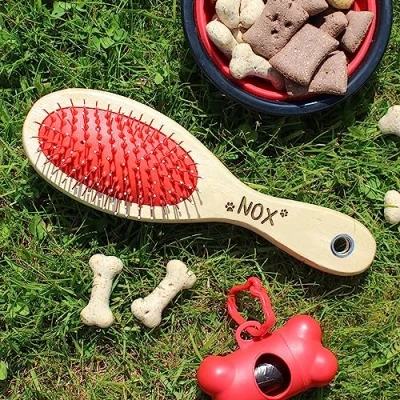 Image of eBuyGB Personalised Pet Brush, Wooden Double Sided Grooming Brush for Dog, Cat, Horse, Detangling Comb, Shedding Removal, Cleaning Short Long &amp; Hair
