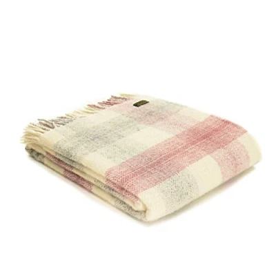 Image of Tweedmill Textiles Meadow check 100% wool blanket throw British Made Pink